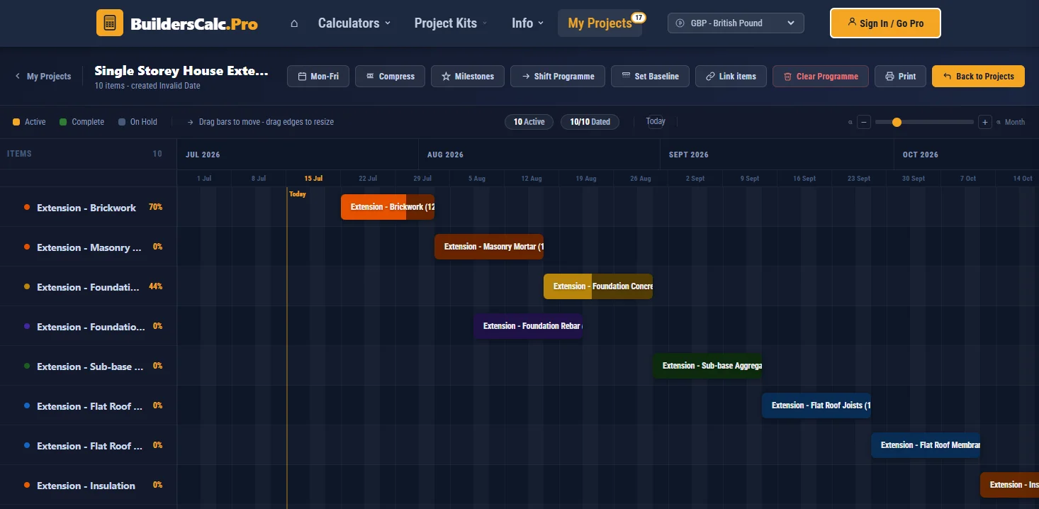 Interactive construction Gantt chart planner showing task bars, dependency arrows and critical path on a dark interface